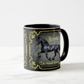 Mug Cheval friésien, silhouette/or/muqueuse noire/noir (Devant droit)
