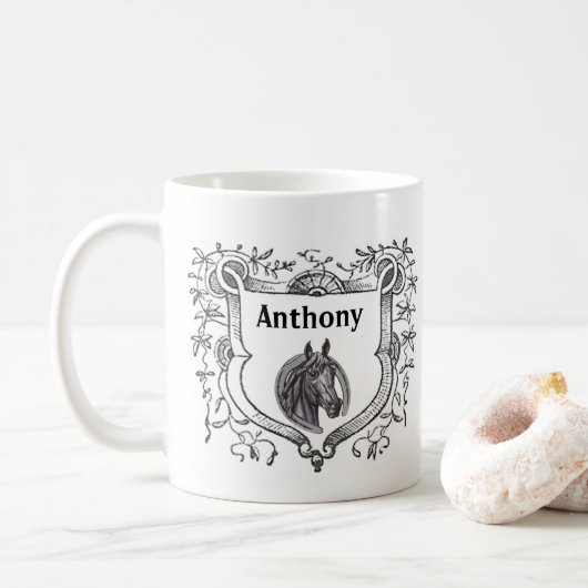Mug Cheval Lover Ornate Shield Etching Antique Sketch (Avec donut)