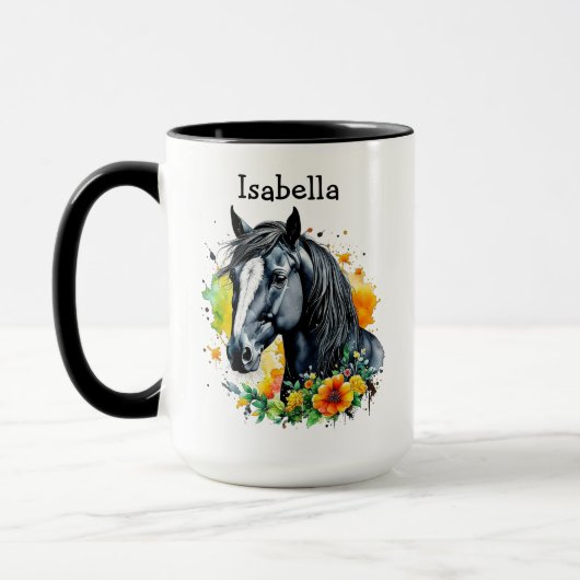 Mug Cheval noir entouré de fleurs Personnalisé (Gauche)