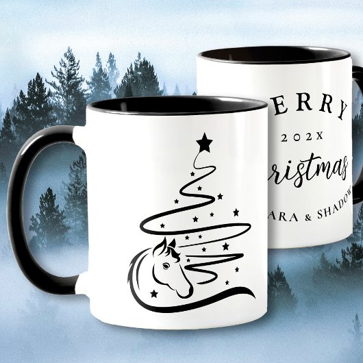 Mug Cheval sapin de Noël équestre noir et blanc
