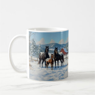 Mug Chevaux Appaloosa noirs sur une ferme en hiver