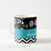 Mug Chevron personnalisé & Turquoise floral blanc & no (Devant gauche)