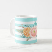 Mug Chic Aqua Stripes Feminine Floral et nom (Devant gauche)