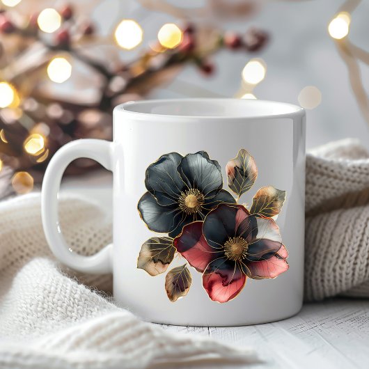 Mug Chic aquarelle or noir et fleurs bordeaux