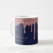 Mug Chic Bleu Nuit Rose Or Paillettes Étincelles Goutt (Devant gauche)