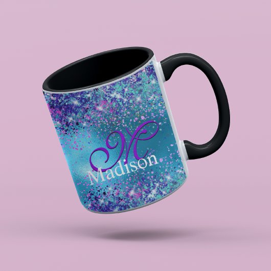 Mug Chic bleu rose irisé parties scintillant monogramm