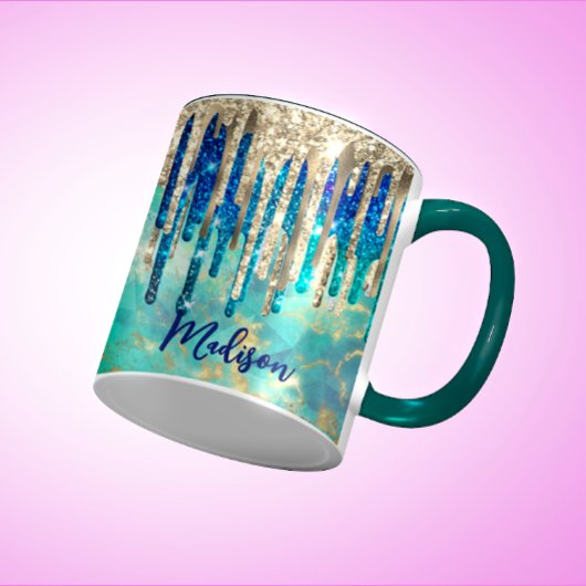 Mug Chic bleu turquoise or parties scintillant gouttes