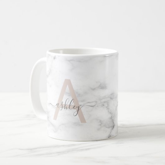 Mug Chic Blush Pink White Marble Script Nom monogram (Devant gauche)