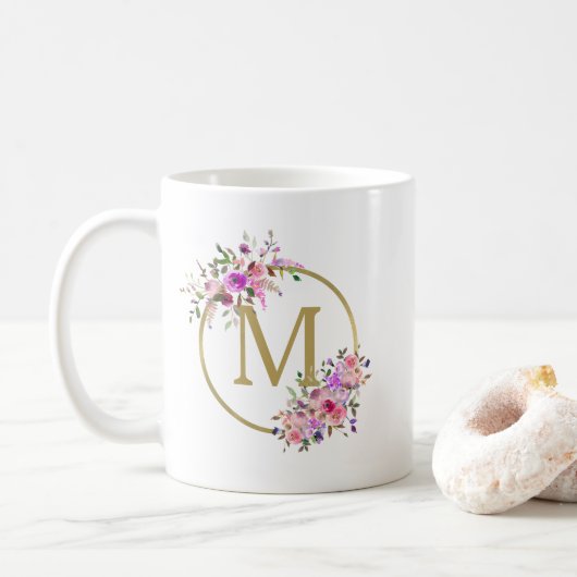 Mug Chic Cercle Monogramme Aquarelle Floral & Or (Avec donut)