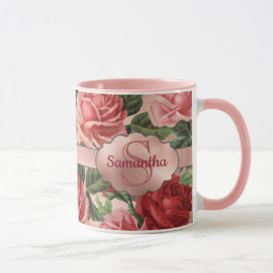 Mug Chic Elegant Vintage Rose Rouge Roses Nom Floral