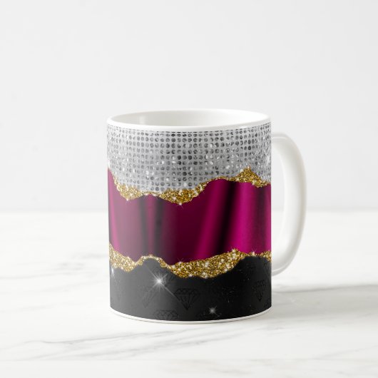 Mug Chic faux argent parties scintillant Fuchsia noir (Devant droit)