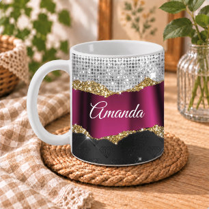 Mug Chic faux paillettes argent monogramme Fuchsia noi