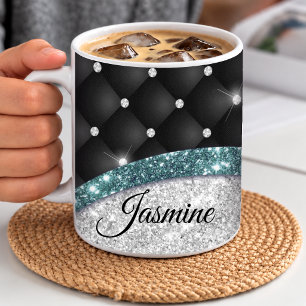 Mug Chic fille faux paillettes argent noir sarcelle mo
