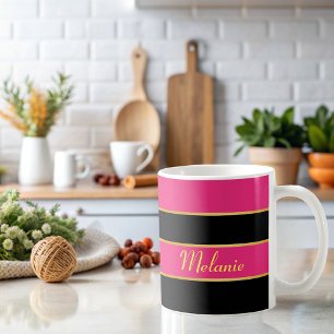 Mug Chic moderne rose noir rayures modèle avec nom