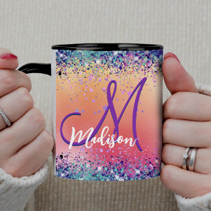 Mug Chic monogramme faux paillettes iridescent rose or