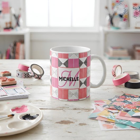 Mug Chic Monogramme Personnalisé Moderne Patchwork Ros