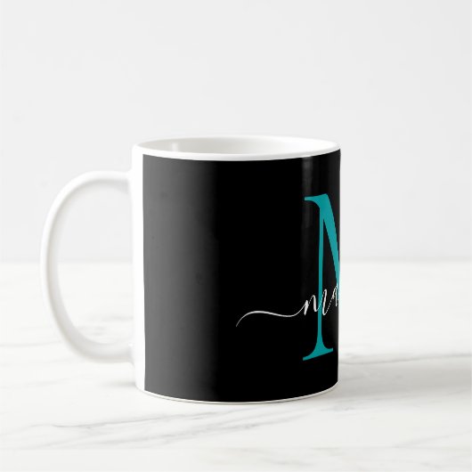 Mug Chic noir Turquoise Monogramme Élégant Script (Gauche)