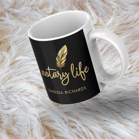 Mug Chic Notaire Vie Noir Or Feather Moderne Script