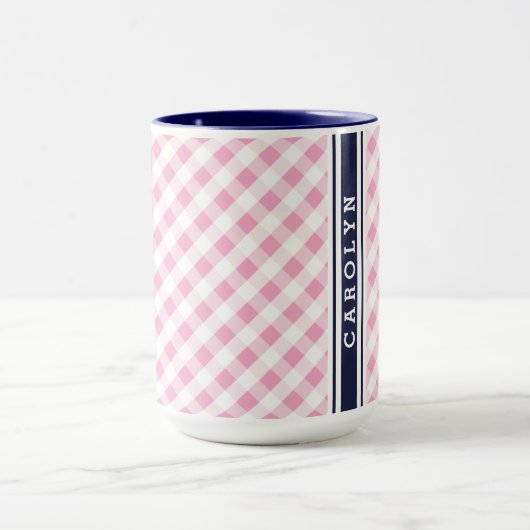 Mug chic preppy rose marine en vichy motif monogramme (Centre)