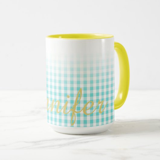 Mug chic preppy turuqoise en vichy motif monogramme (Devant droit)