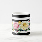 Mug Chic Rose Floral tendance rayures noires et nom (Centre)