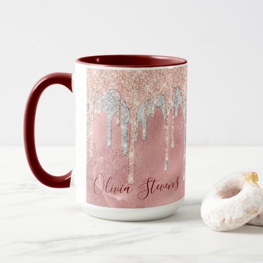 Mug Chic rose rousse argent goutte à goutte monogramme (Avec donut)