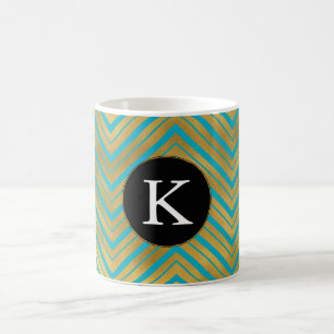 Mug Chic Turquoise Aqua Blue Gold Chevron Monogram