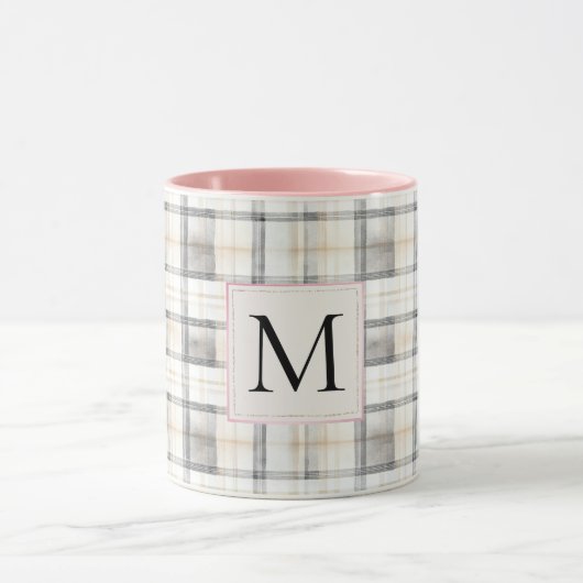 Mug Chic White Grey Plaid Stripes Monogram (Centre)