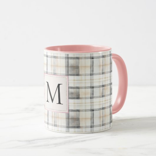 Mug Chic White Grey Plaid Stripes Monogram (Devant droit)