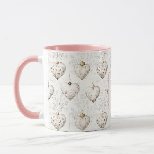 Mug Chic White Pink Heart Ornaments Monogram (Gauche)