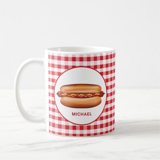 Mug Chien Chaud Sur Gingham Rouge Avec Texte Personnal (Gauche)