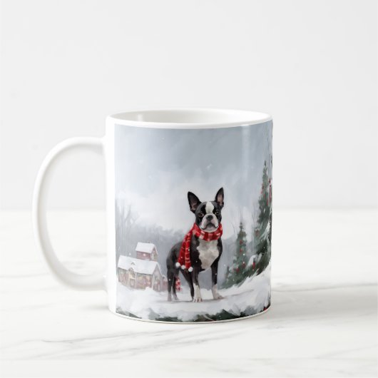 Mug Chien de Boston Terrier pendant Noël de neige (Gauche)