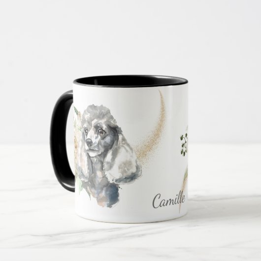 Mug Chien de caniche à bouquet de rose blanche (Devant gauche)