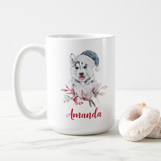 Mug Chien de Noël Husky dans un chapeau de Père Noël (Avec donut)