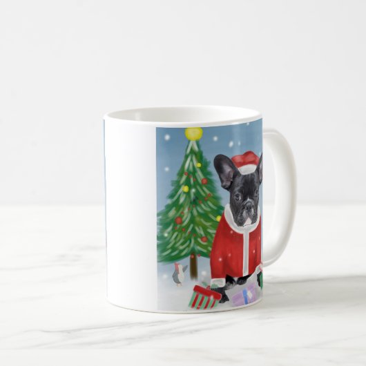 Mug Chien de taureau français en neige avec cadeaux de (Devant droit)