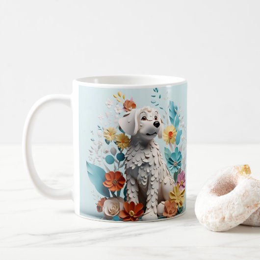 Mug Chien et fleurs blanc pastel imprimé 3D (Avec donut)