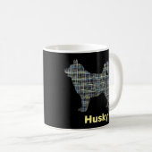 Mug Chien Husky Lignes de grille jaune et bleu (Devant droit)
