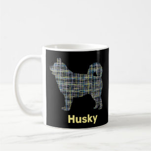 Mug Chien Husky Lignes de grille jaune et bleu