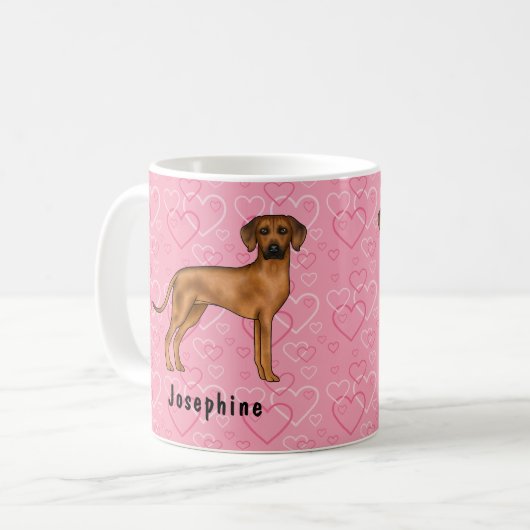 Mug Chien Rhodesian Ridgeback Sur Coeurs Rose Avec Nom (Devant gauche)
