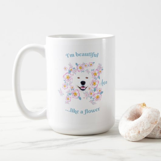 Mug Chien Samoyé et fleurs roses (Avec donut)