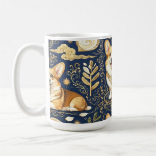 Mug Chiens Corgi Élégants Motif Damassé Or Bleu Nuit