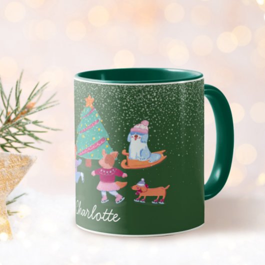 Mug Chiens de fête Patinage sur glace Noël Nom vert