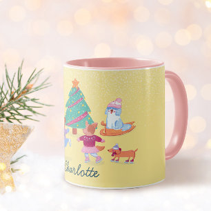 Mug Chiens de jeu Patinage sur glace Pastel Nom jaune