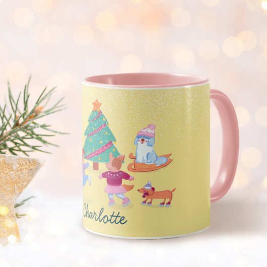 Mug Chiens de jeu Patinage sur glace Pastel Nom jaune