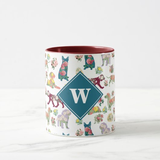 Mug Chiens Motif & Fleurs Vintages Monogramme (Centre)