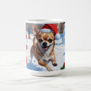 Mug Chihuahua courant dans la neige avec un chapeau de