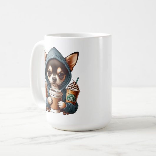 Mug Chihuahua dans un Sweatshirt à capuchon tenant du  (Devant gauche)