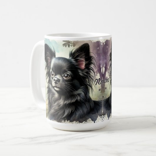 Mug Chihuahua noir à poils longs en aquarelle (Devant gauche)