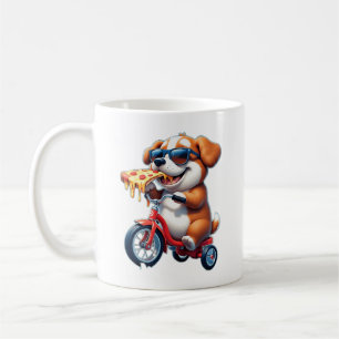 Mug chiot à vélo mangeant de la pizza