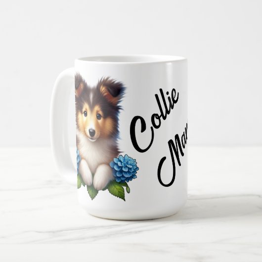 Mug Chiot adorable avec Fleurs Bleues Collie Mama (Devant gauche)